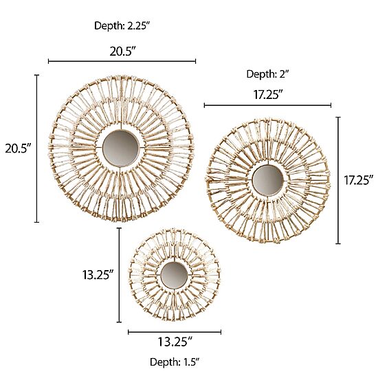 Madison Park Ella Round Natural Fiber And Mirror 3-pc. Wall Art Set