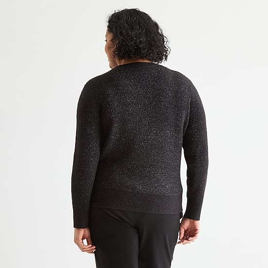 Liz Claiborne Plus Womens Crew Neck Embellished Long Sleeve Pullover Sweater
