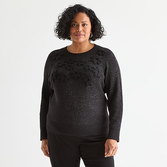 Liz Claiborne Plus Womens Crew Neck Embellished Long Sleeve Pullover Sweater