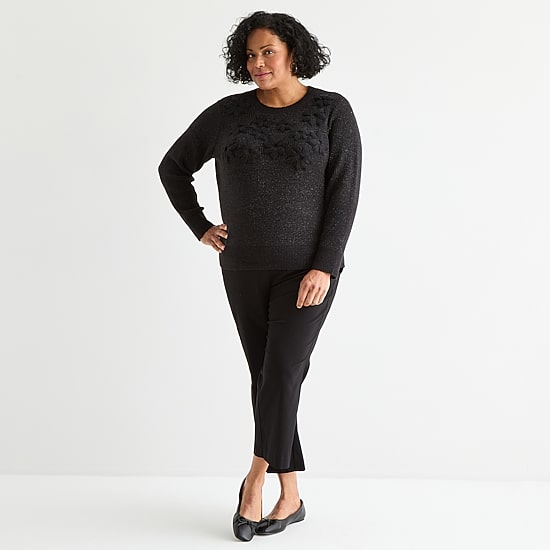 Liz Claiborne Plus Womens Crew Neck Embellished Long Sleeve Pullover Sweater