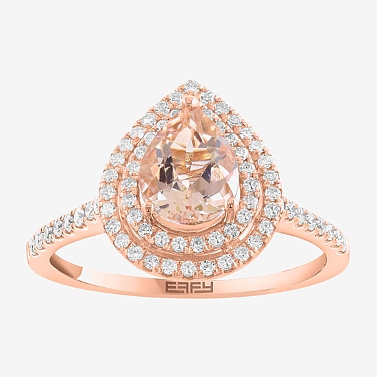 Effy Final Call Limited Quantities! Womens 1/4 CT. T.W. Genuine Pink Morganite 14K Rose Gold Pear Halo Side Stone Cocktail Ring