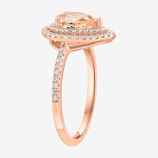Effy Final Call Limited Quantities! Womens 1/4 CT. T.W. Genuine Pink Morganite 14K Rose Gold Pear Halo Side Stone Cocktail Ring