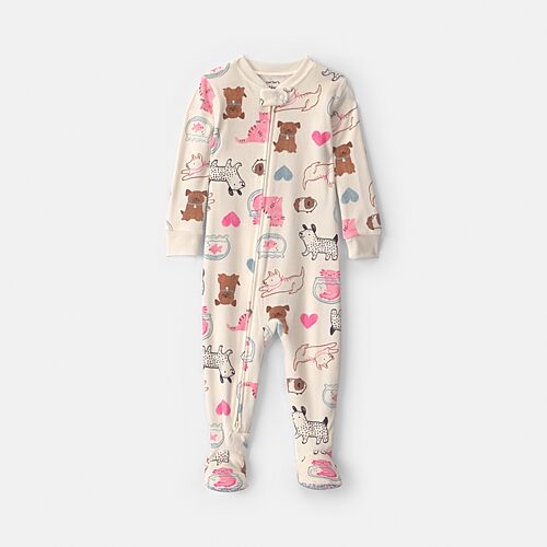 Carter's Babies' Dreamplush Family Pets Toddler Girls Footed Fleece Crew Neck Long Sleeve Footed Pajamas In White