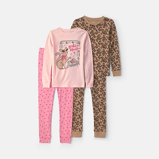 Carter's Cheetah Little & Big Kid Girls Round Neck Long Sleeve 4-pc. Pajama Set