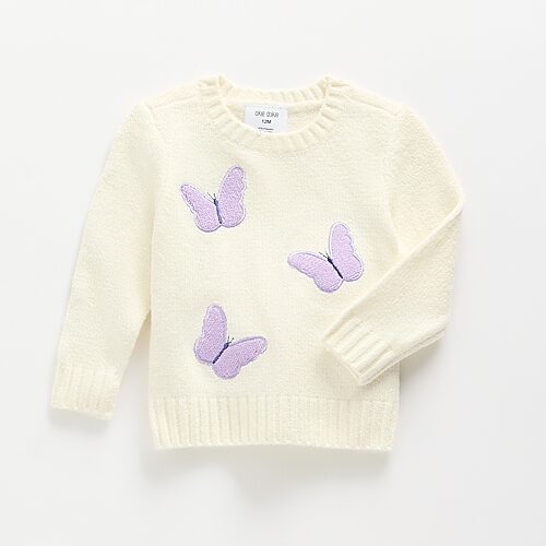 Okie Dokie Baby Girls Round Neck Long Sleeve Pullover Sweater, 24 Months, White