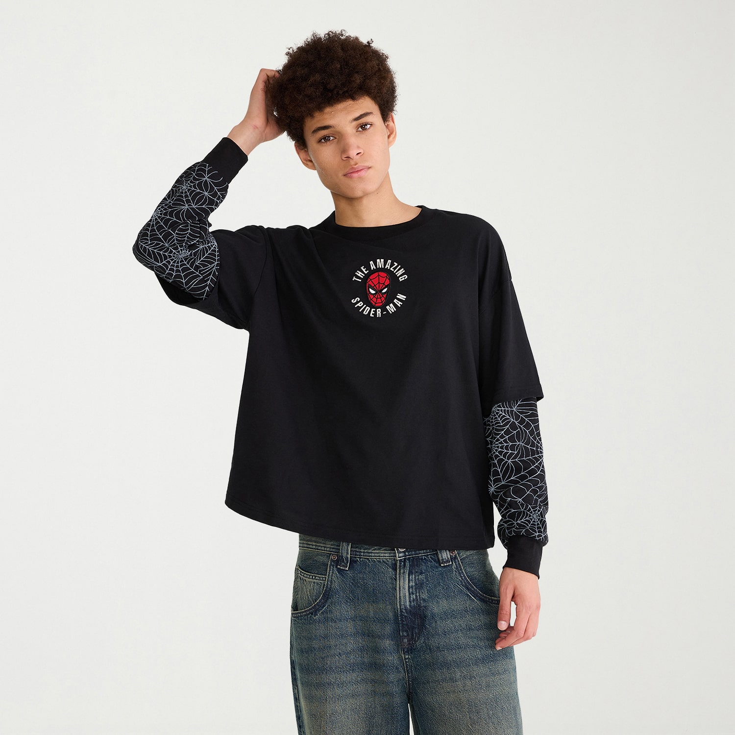 AEROPOSTALE Mens Crew Neck Long Sleeve Spiderman Twofer Graphic T-Shirt