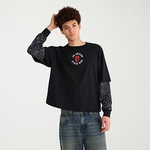 Aéropostale Mens Crew Neck Long Sleeve Spiderman Twofer Graphic T-shirt In Black