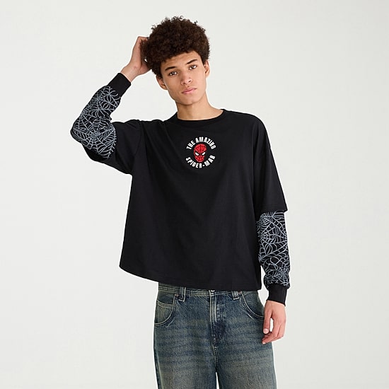 AEROPOSTALE Mens Crew Neck Long Sleeve Spiderman Twofer Graphic T-Shirt