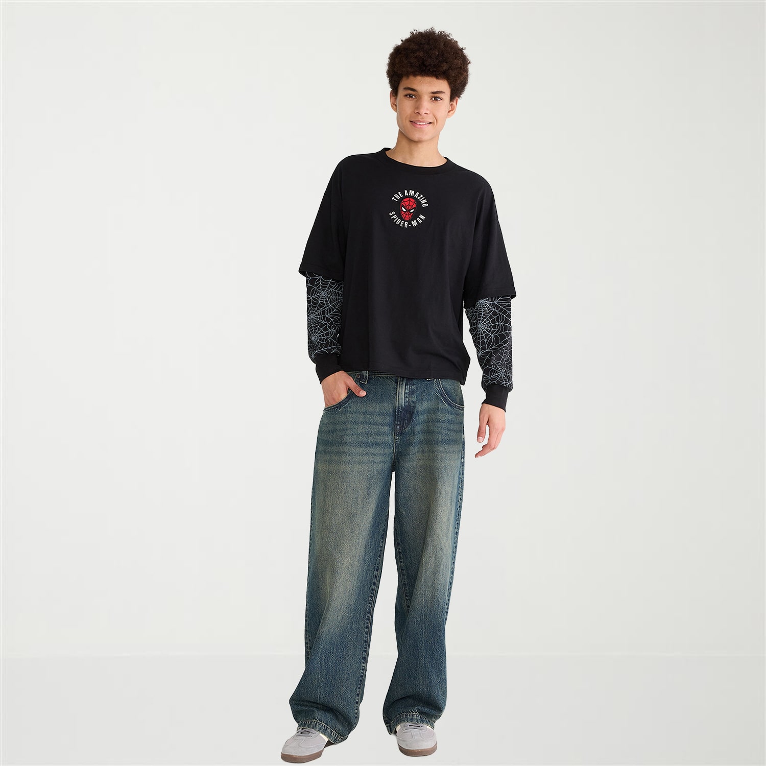 AEROPOSTALE Mens Crew Neck Long Sleeve Spiderman Twofer Graphic T-Shirt