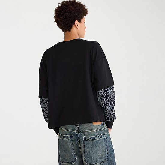 AEROPOSTALE Mens Crew Neck Long Sleeve Spiderman Twofer Graphic T-Shirt