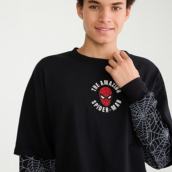 AEROPOSTALE Mens Crew Neck Long Sleeve Spiderman Twofer Graphic T-Shirt