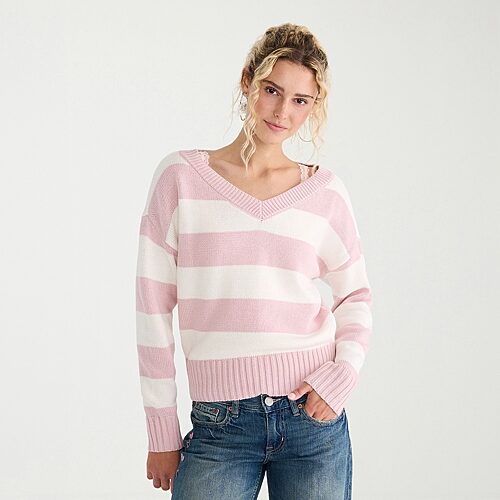 Aéropostale Womens V Neck Long Sleeve Pullover Sweater In Pink