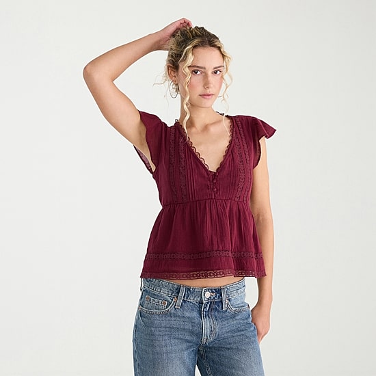 AEROPOSTALE Womens Juniors V Neck Short Sleeve Babydoll Top