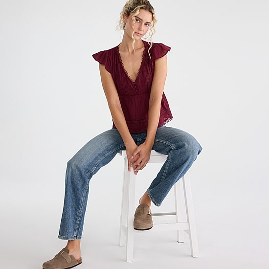 AEROPOSTALE Womens Juniors V Neck Short Sleeve Babydoll Top