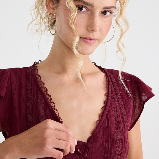 AEROPOSTALE Womens Juniors V Neck Short Sleeve Babydoll Top