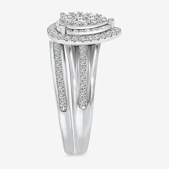 (I / I1) Womens 1 CT. T.W. Lab Grown White Diamond 10K Gold Pear Side Stone Bridal Set