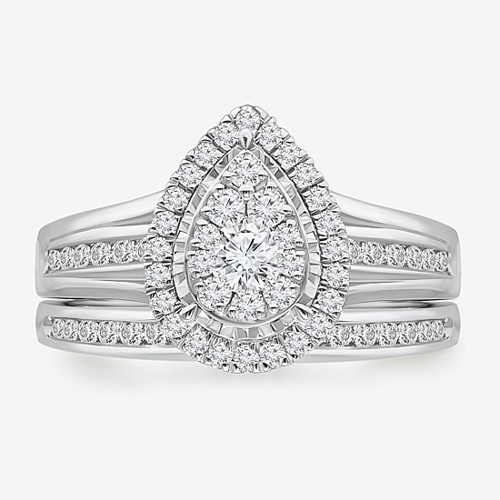 (I / I1) Womens 1 CT. T.W. Lab Grown White Diamond 10K Gold Pear Side Stone Bridal Set