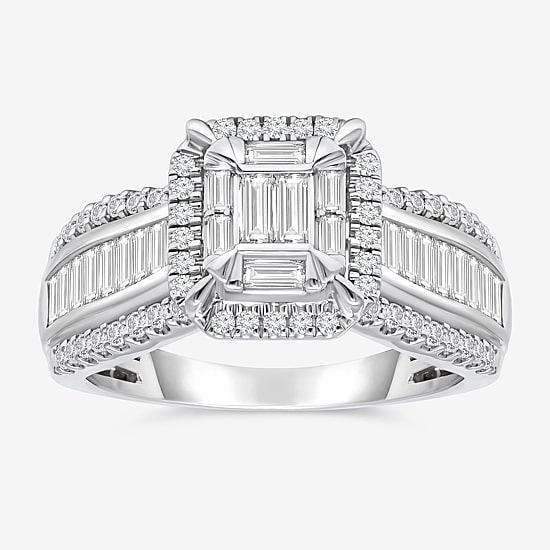 (I / I1) Womens 1 CT. T.W. Lab Grown White Diamond 10K Gold Side Stone Halo Engagement Ring
