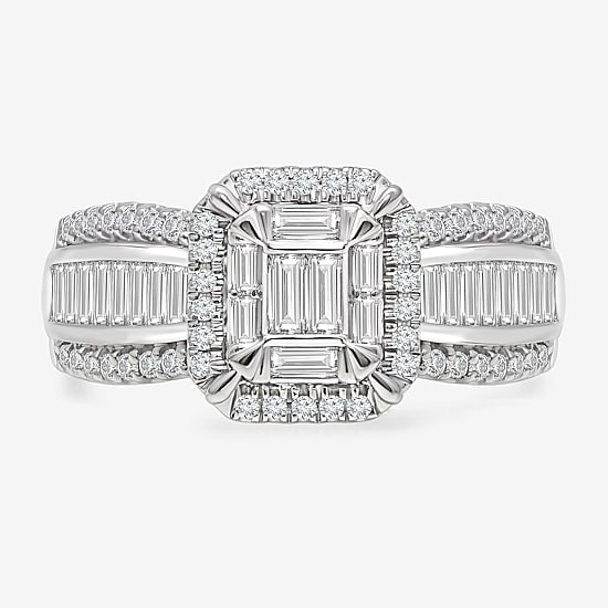 (I / I1) Womens 1 CT. T.W. Lab Grown White Diamond 10K Gold Side Stone Halo Engagement Ring