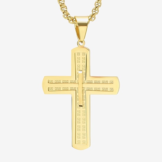 Steeltime Mens 18K Gold Over Stainless Steel Cross Hypoallergenic 24 Inch Pendant Necklace