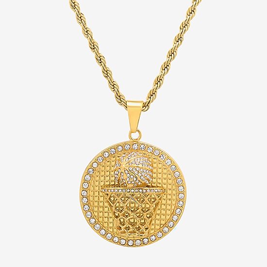 Steeltime Mens Crystal 18K Gold Over Stainless Steel Hypoallergenic 24 Inch Pendant Necklace