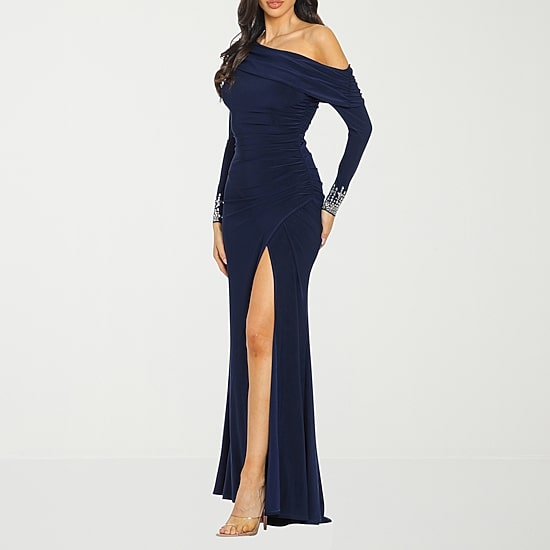 Premier Amour Womens Asymmetrical Neck Long Sleeve Off the Shoulder Embellished Evening Gown