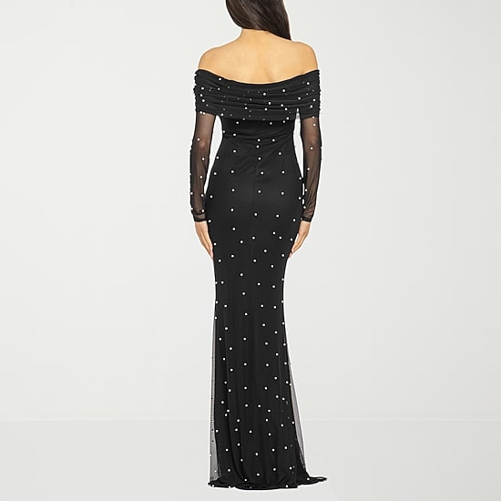 black dress white pearls Strapless Pearl Embellished Maxi Dress Black