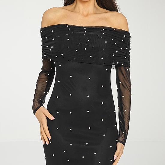 premier amour long sleeve sheath dress Premier Amour Women's Straight Neck Long Sleeve Off the Shoulder Pearl Trim Evening Gown, Stretch Fabric, Formal, 10, Black
