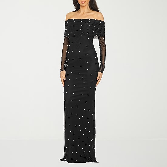 Premier Amour Womens Straight Neck Long Sleeve Off the Shoulder Pearl Trim Evening Gown