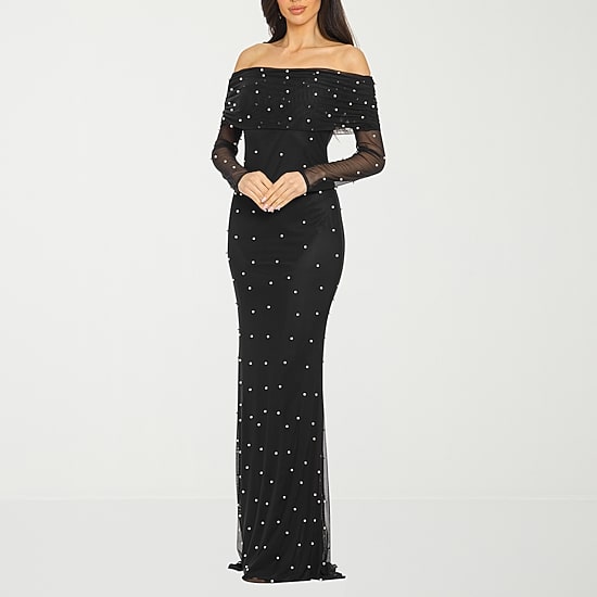 Premier Amour Womens Straight Neck Long Sleeve Off the Shoulder Pearl Trim Evening Gown