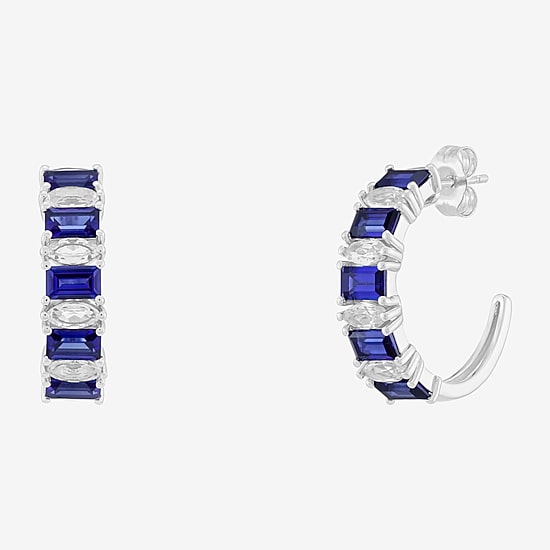 Womens Lab Created Blue Sapphire Sterling Silver 21.8mm Hoop Earrings
