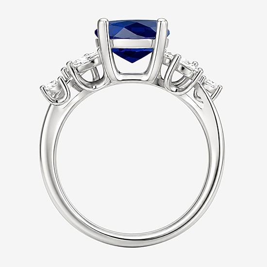 Womens Lab Created Blue Sapphire Sterling Silver Oval Side Stone Cocktail Ring