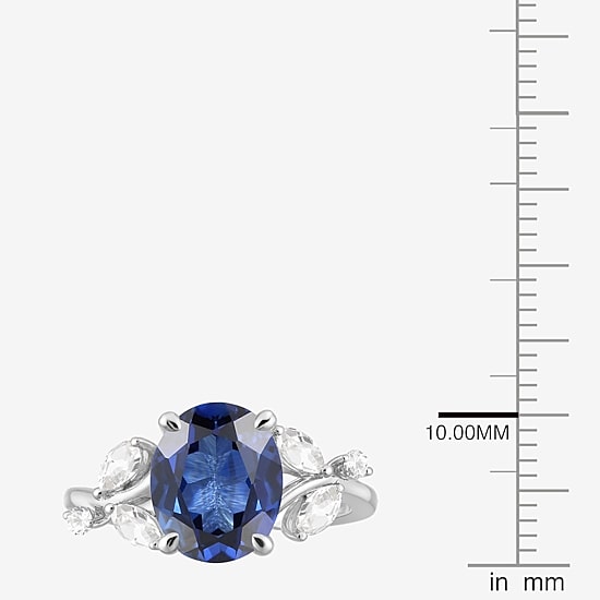 Womens Lab Created Blue Sapphire Sterling Silver Oval Side Stone Cocktail Ring