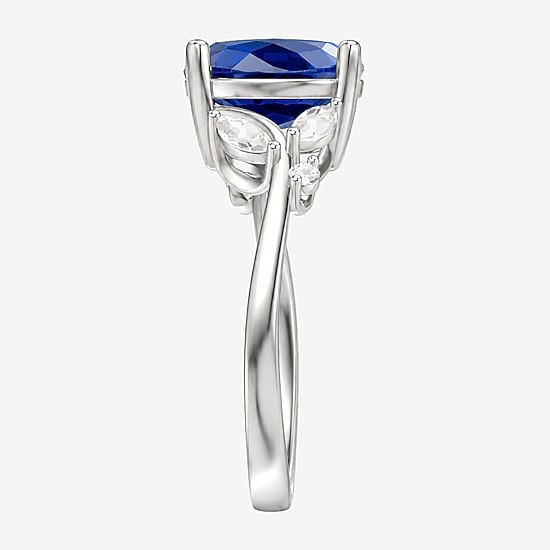 Womens Lab Created Blue Sapphire Sterling Silver Oval Side Stone Cocktail Ring