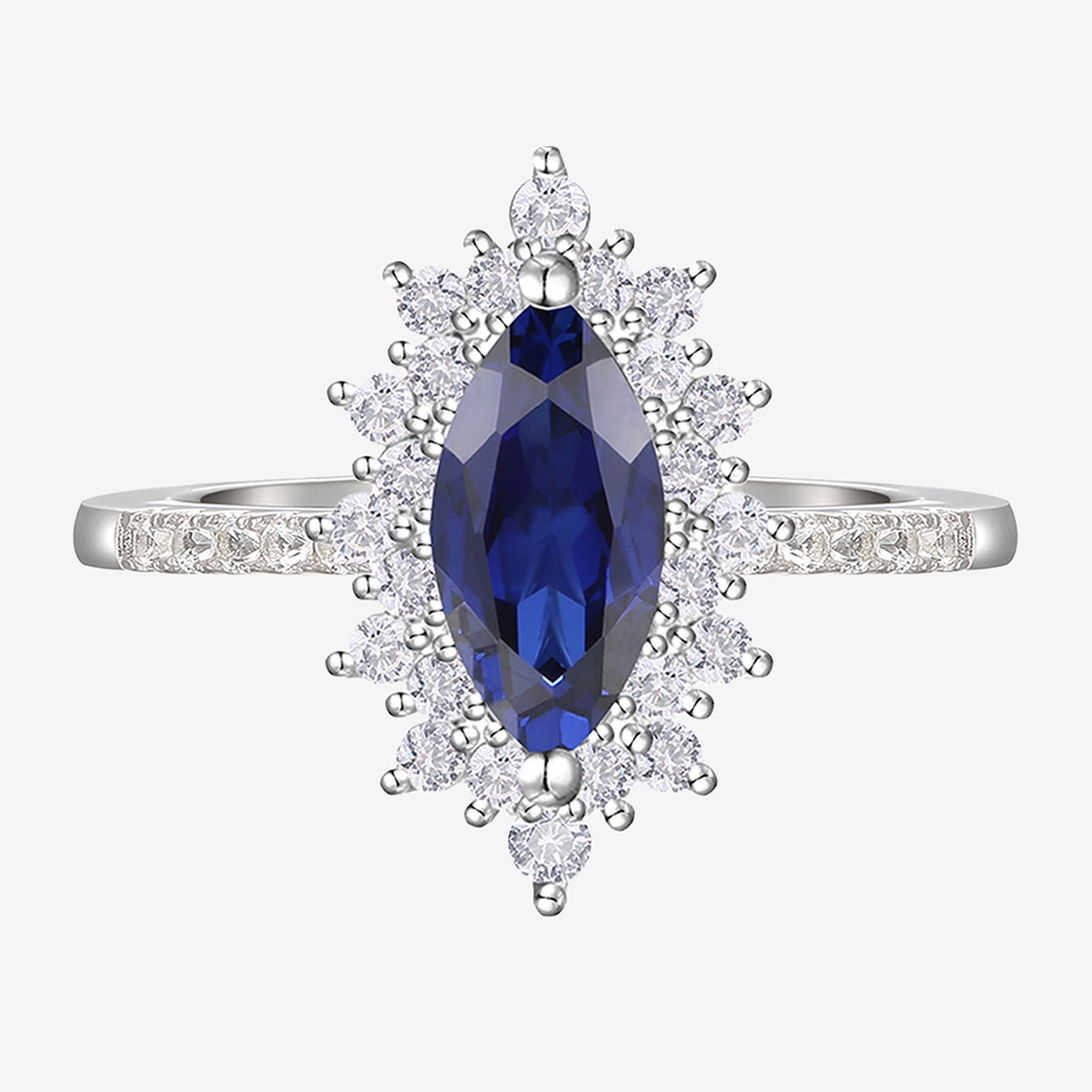 Womens Lab Created Blue Sapphire Sterling Silver Marquise Halo Side Stone Cocktail Ring