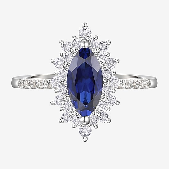 Womens Lab Created Blue Sapphire Sterling Silver Marquise Halo Side Stone Cocktail Ring