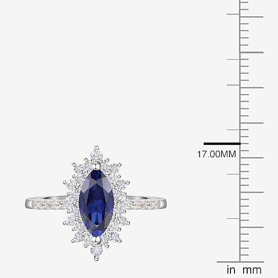 Womens Lab Created Blue Sapphire Sterling Silver Marquise Halo Side Stone Cocktail Ring