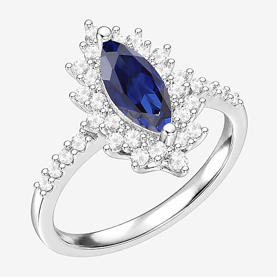Womens Lab Created Blue Sapphire Sterling Silver Marquise Halo Side Stone Cocktail Ring
