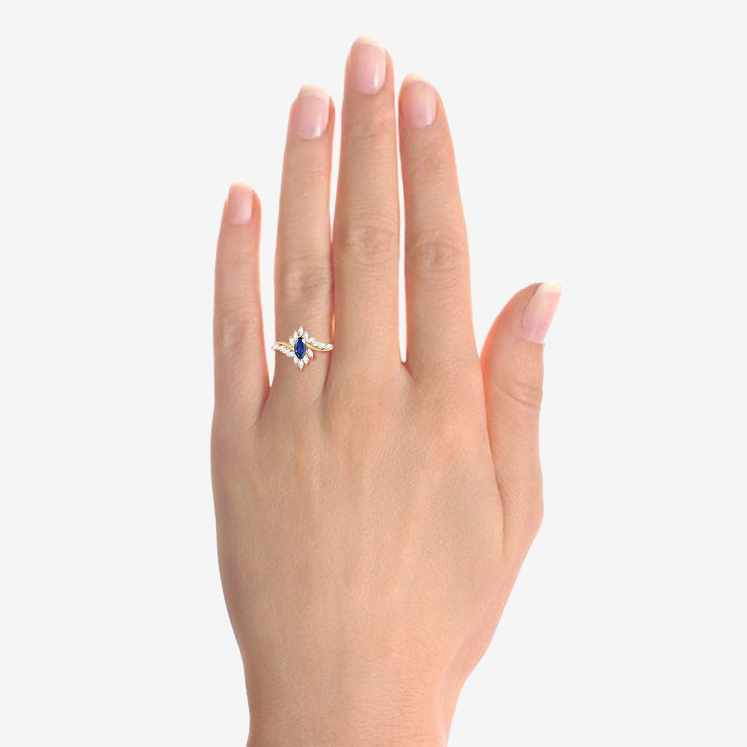 Womens Lab Created Blue Sapphire 14K Gold Over Silver Marquise Side Stone Bypass  Cocktail Ring