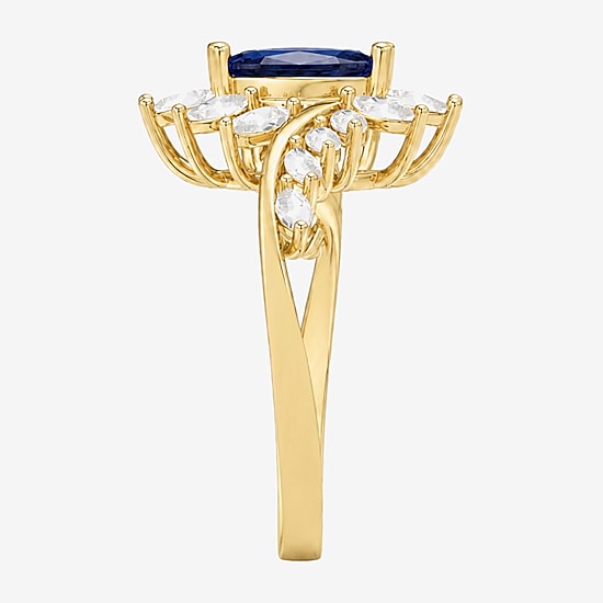 Womens Lab Created Blue Sapphire 14K Gold Over Silver Marquise Side Stone Bypass  Cocktail Ring