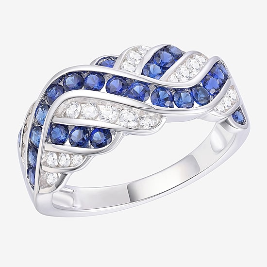 Womens 2MM Lab Created Blue Sapphire Sterling Silver Crossover Band