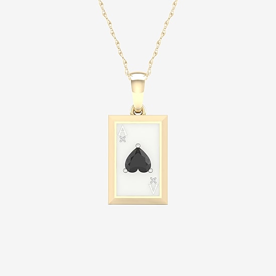 Ace Of Hearts Playing Card Mens Diamond Accent Genuine Black Onyx 10K Gold Sterling Silver Rectangular 18 Inch Pendant Necklace
