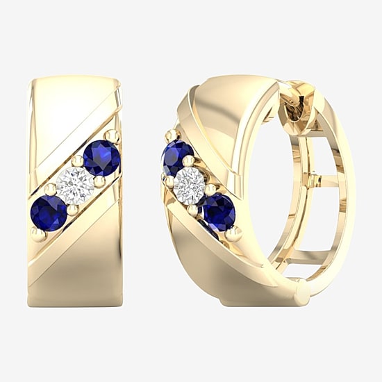 Mens Diamond Accent Genuine Blue Sapphire 10K Gold 15.2mm Hoop Earrings
