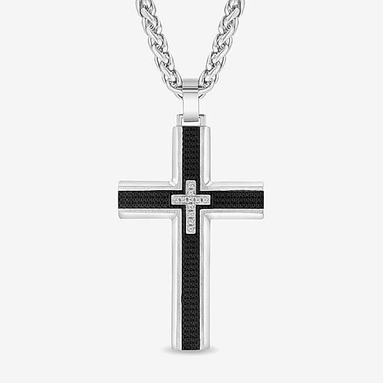 Mens White Cubic Zirconia Stainless Steel Cross 24 Inch Pendant Necklace