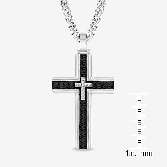 Mens White Cubic Zirconia Stainless Steel Cross 24 Inch Pendant Necklace