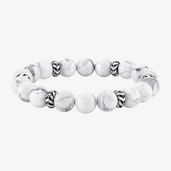 Mens White Howlite Sterling Silver Beaded Bracelet