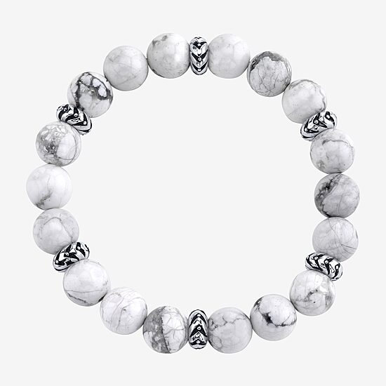 Mens White Howlite Sterling Silver Beaded Bracelet