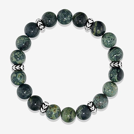 Mens Green Jasper Sterling Silver Beaded Bracelet