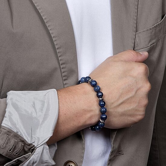 Mens Blue Sterling Silver Beaded Bracelet