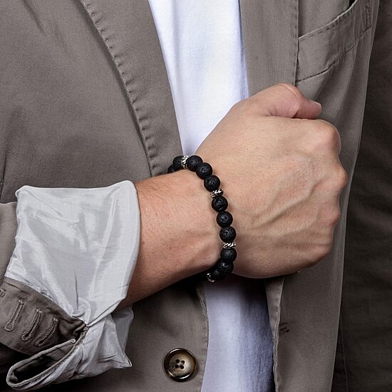 Mens Black Sterling Silver Beaded Bracelet